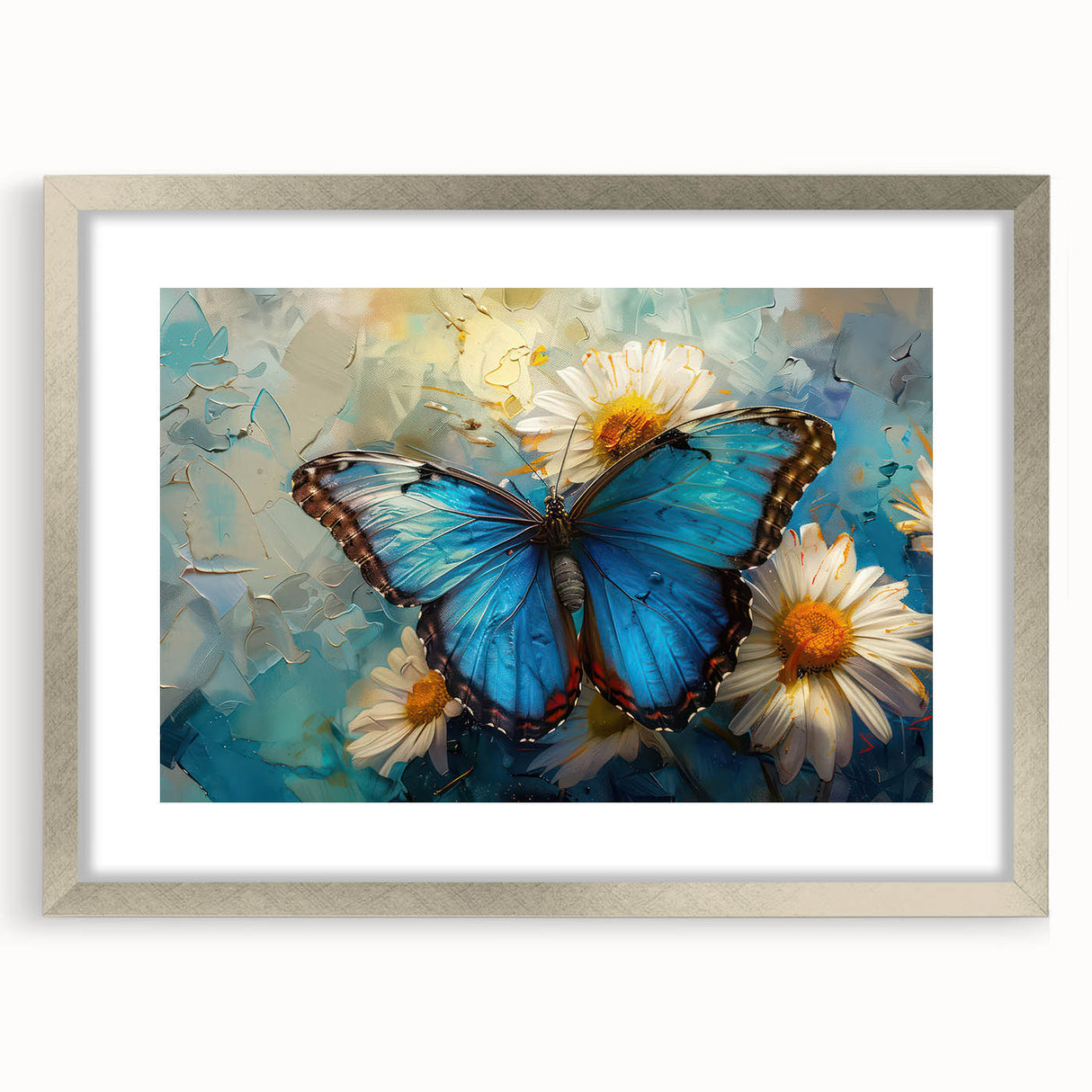 Botanical daisy wall art collection in a silver frame with a mat, showcasing vibrant floral designs ideal for home decor, enhancing any living space aesthetic.