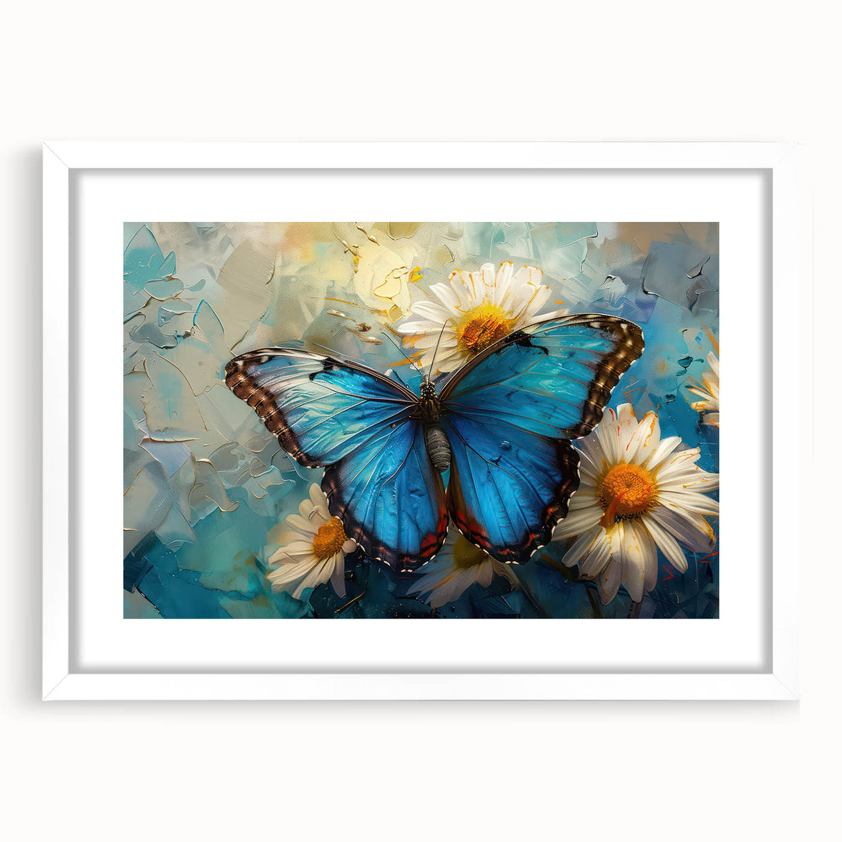 Botanical daisy wall art collection featuring a white frame and mat, showcasing delicate floral designs in vibrant colors, perfect for home decor.