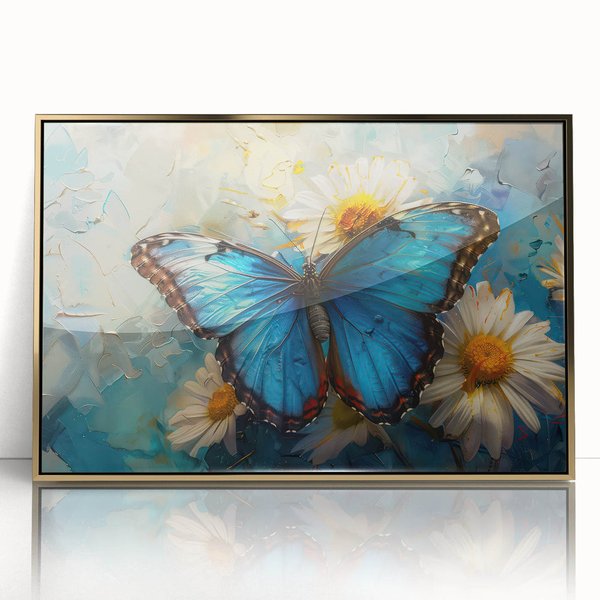 Framed wall art showcasing a botanical daisy design with vibrant white petals and a gold-accented frame, perfect for enhancing modern home decor.
