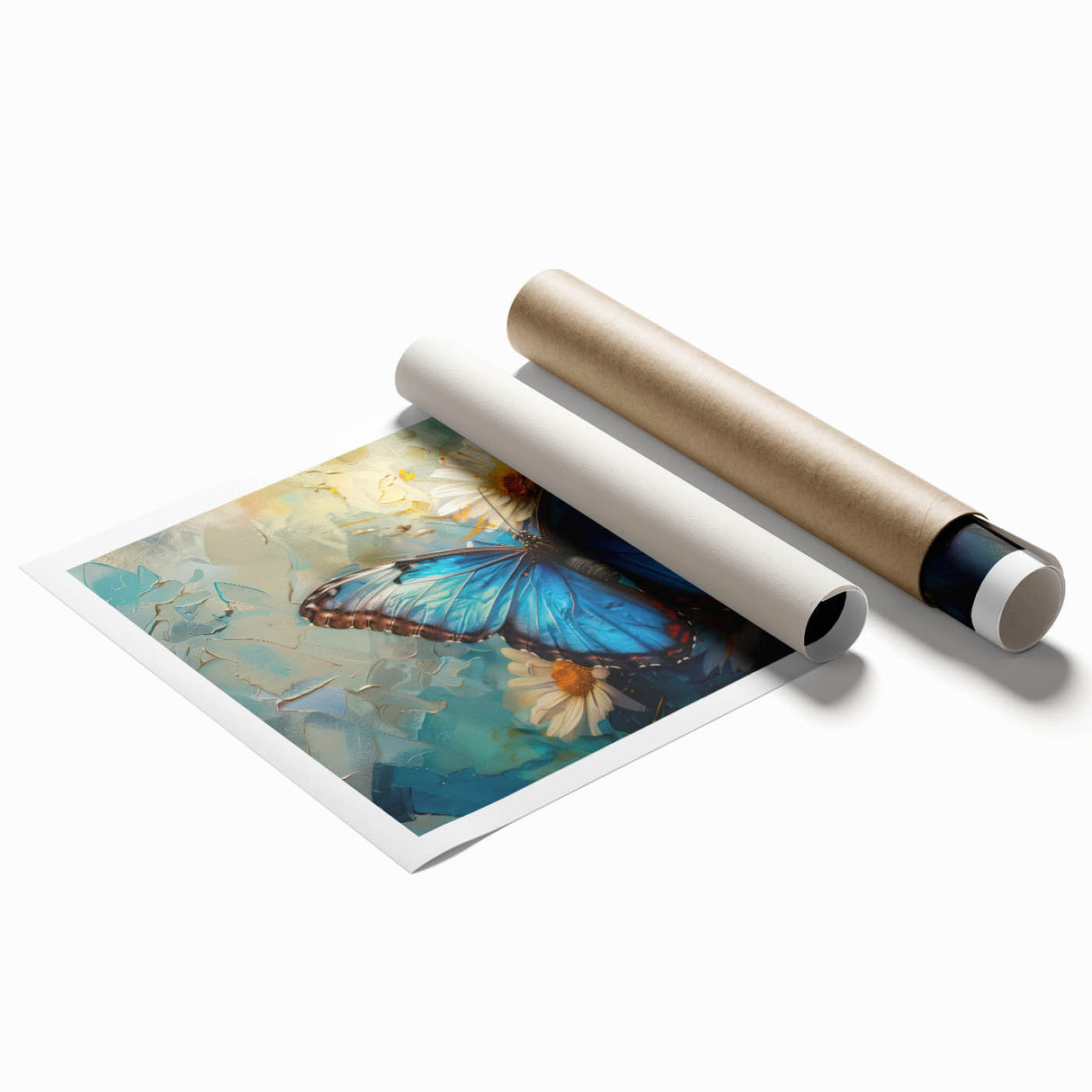 Botanical wall art print showcasing a vibrant daisy design, rolled for easy display, featuring rich colors and intricate floral details, perfect for home decor.