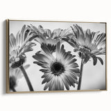 Framed canvas wall art showcasing a botanical daisy design with a gold frame, ideal for home decor. The side view highlights the elegant finish and vibrant colors, perfect for adding a touch of nature-inspired elegance to any room.
