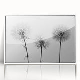 Framed wall art featuring a botanical dandelion design on a white background, highlighting delicate flower details and elegant acrylic finish, perfect for home decor.