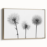 Framed wall art showcasing a detailed botanical dandelion design on a textured canvas, featuring elegant gold accents and a stylish side view, perfect for home decor.