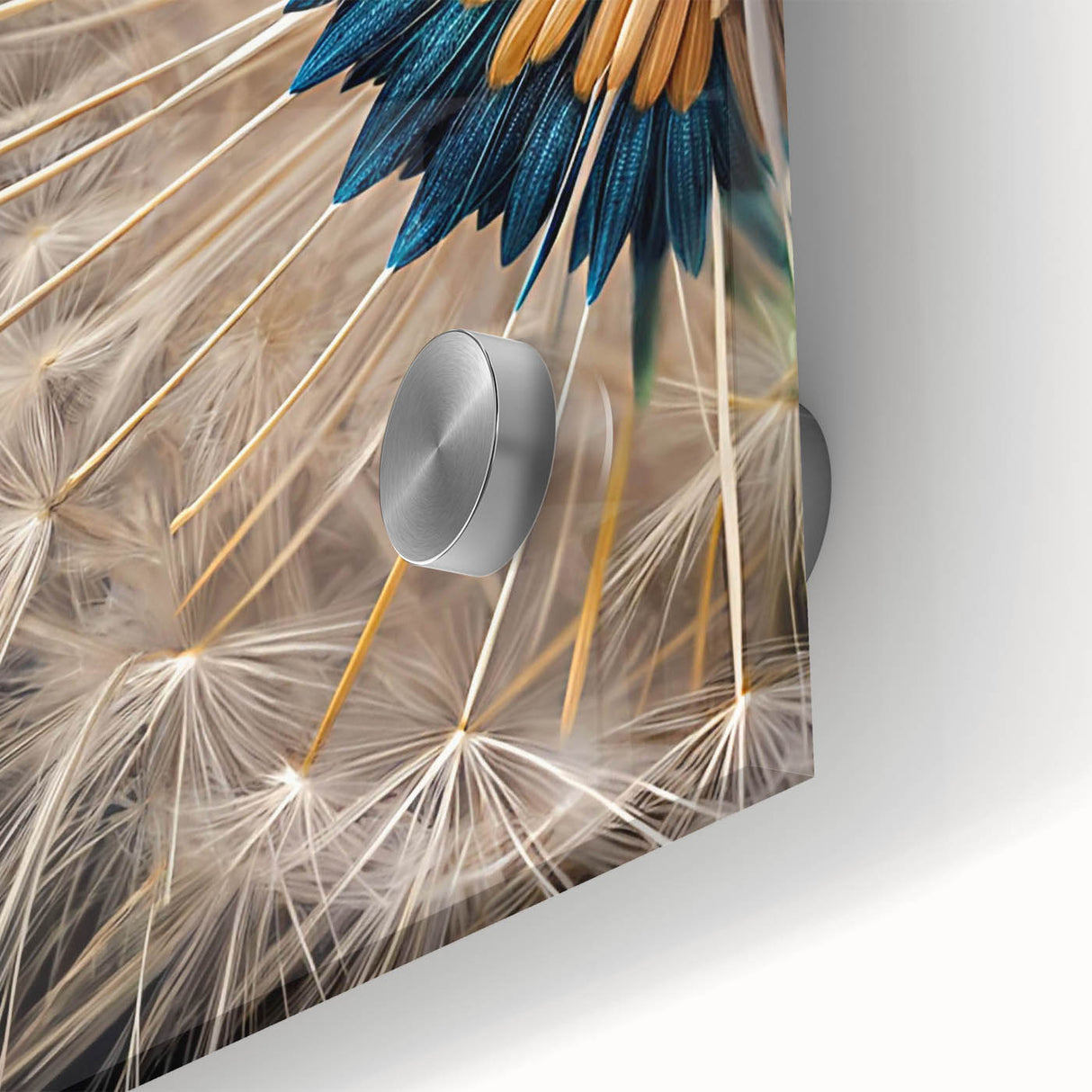 Close-up of a vibrant botanical wall art design showcasing intricate dandelion illustrations on acrylic glass, perfect for home decor and nature enthusiasts.