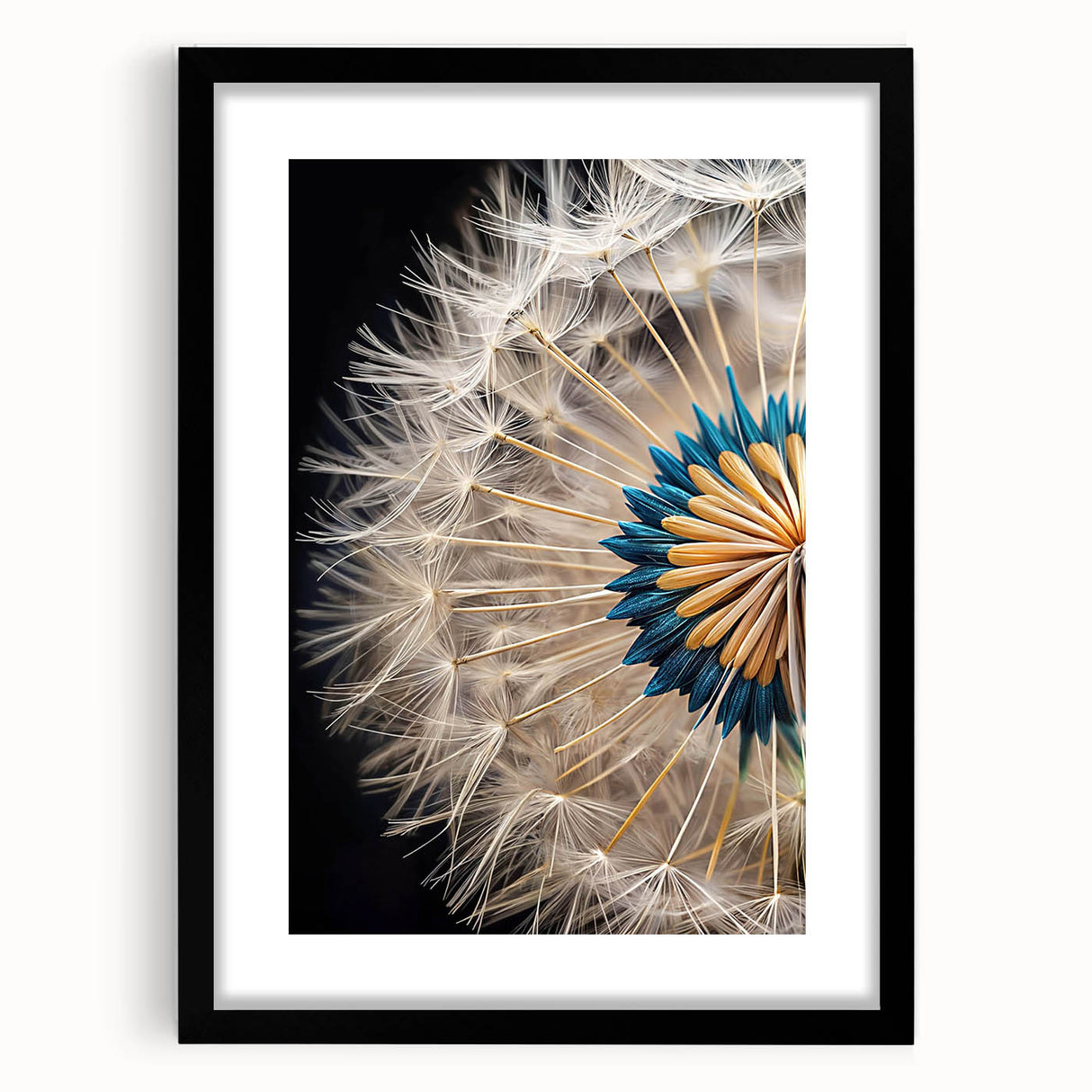 Botanical wall art featuring a delicate dandelion design in a sleek black frame, with a white mat for a modern aesthetic, ideal for home decor.