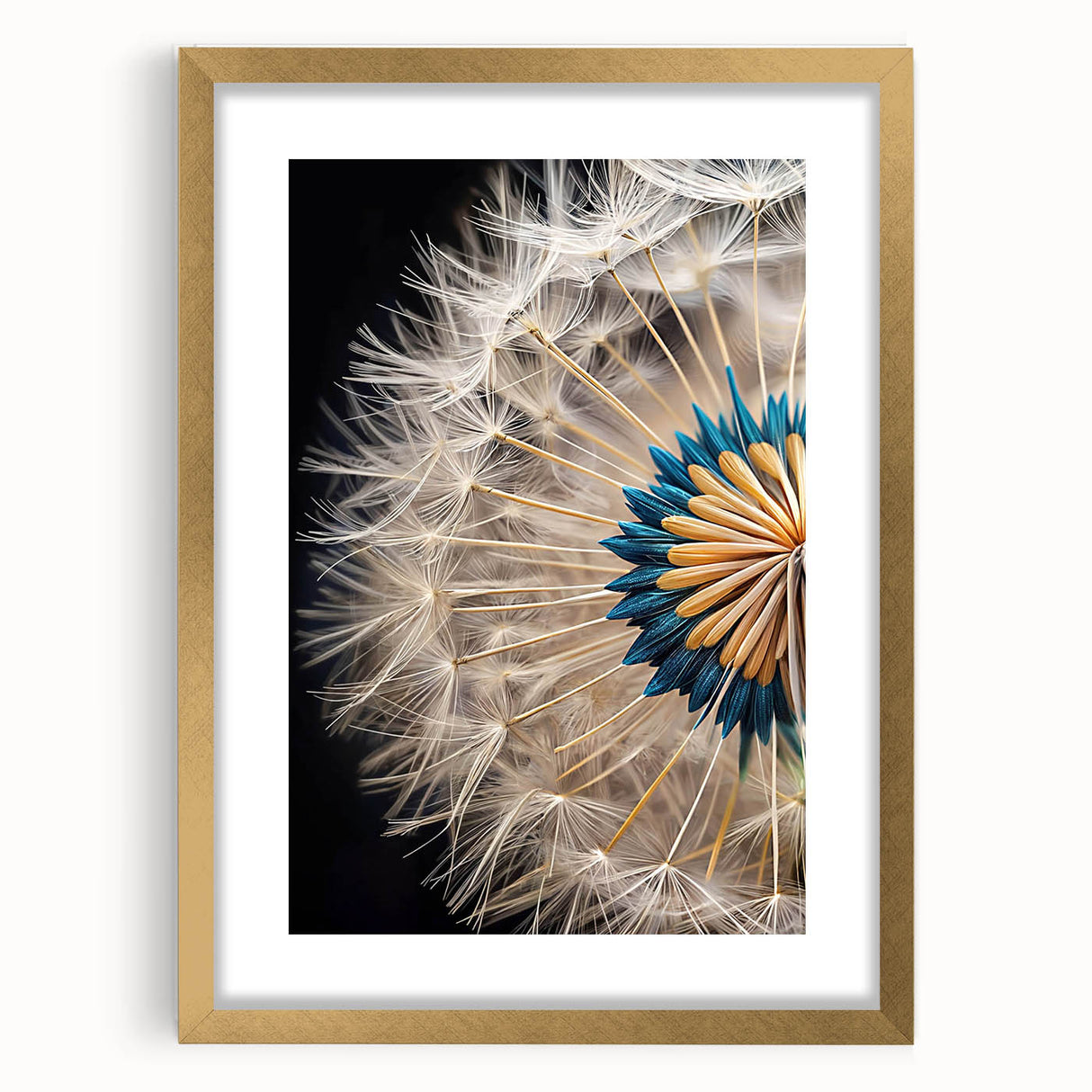 Gold-framed botanical wall art featuring a detailed dandelion design, elegantly matted for a sophisticated display, ideal for home decor enthusiasts.