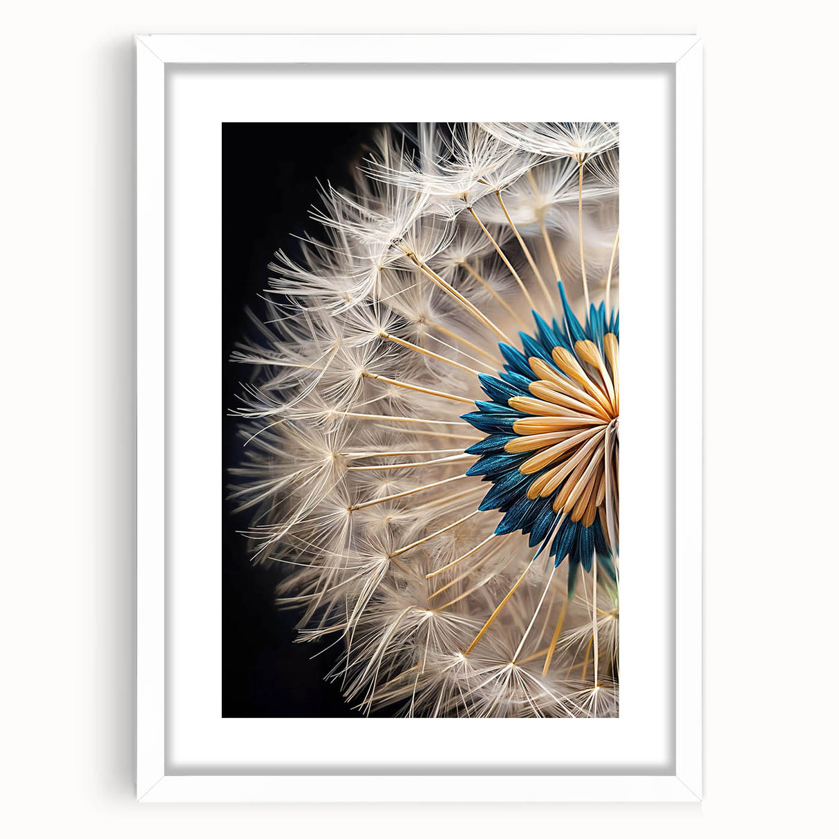 Framed botanical wall art featuring a delicate dandelion design in soft colors, displayed with a white mat, perfect for enhancing modern home decor. Ideal for nature lovers and interior design enthusiasts.