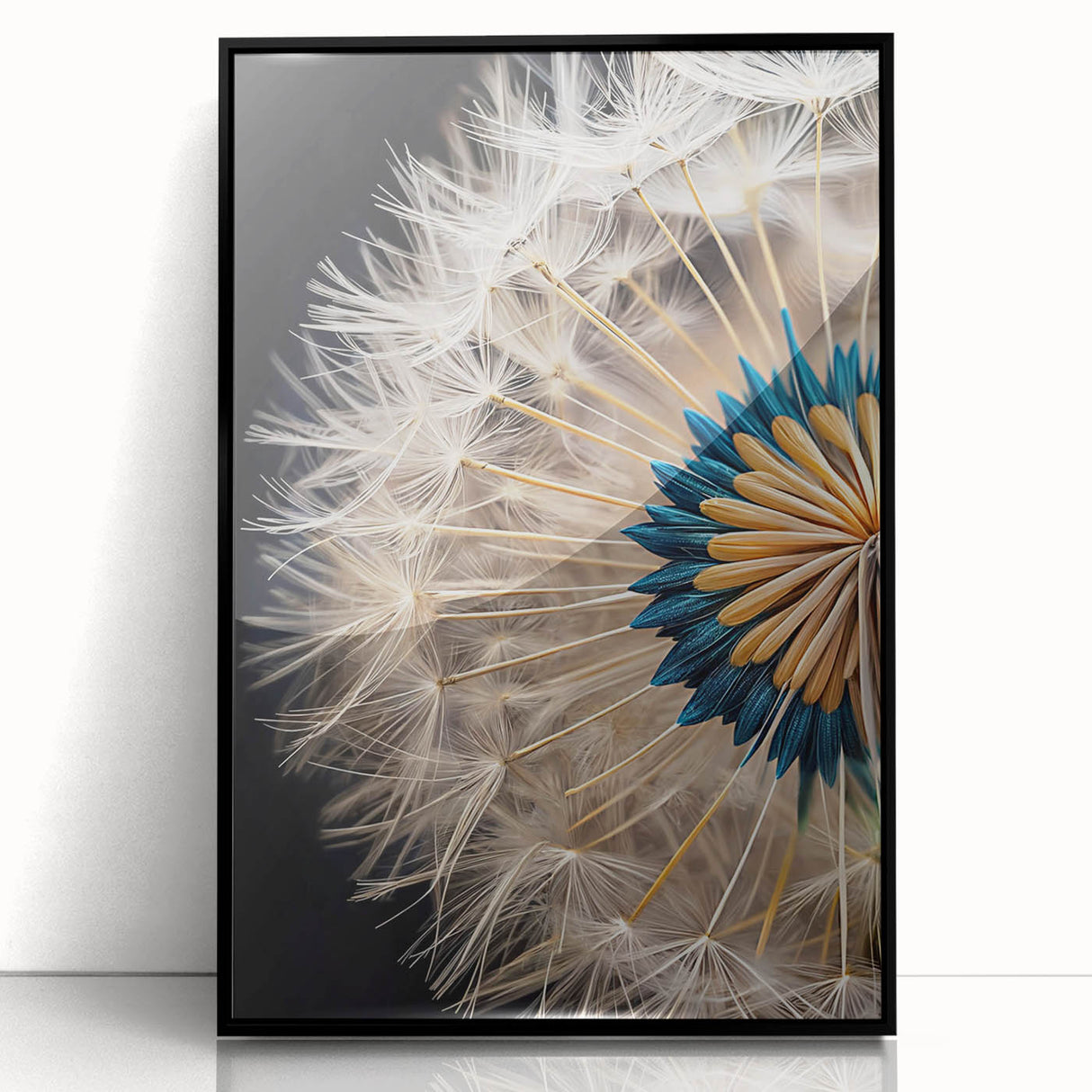 Framed botanical wall art featuring a dandelion design with a black frame, showcasing intricate details and textures, perfect for modern home decor.