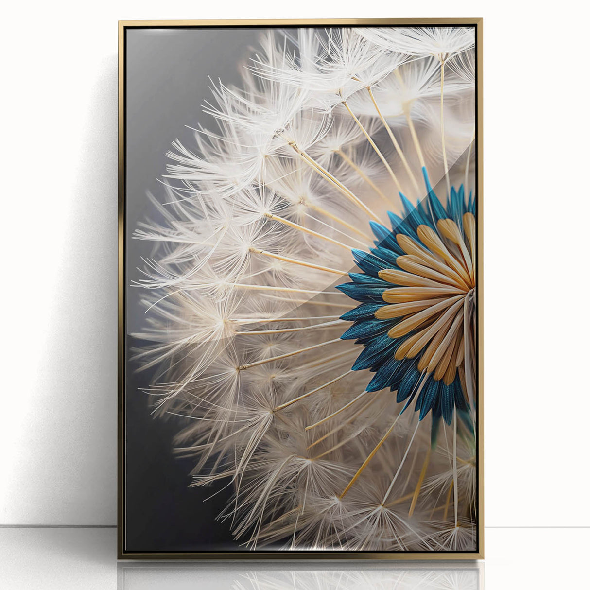 Framed wall art featuring an elegant botanical dandelion design with gold accents, showcasing a delicate floral illustration on a white background, ideal for modern home decor.