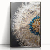 Framed wall art featuring a botanical dandelion design in silver acrylic, showcasing intricate details and vibrant colors, perfect for home decor enhancement.