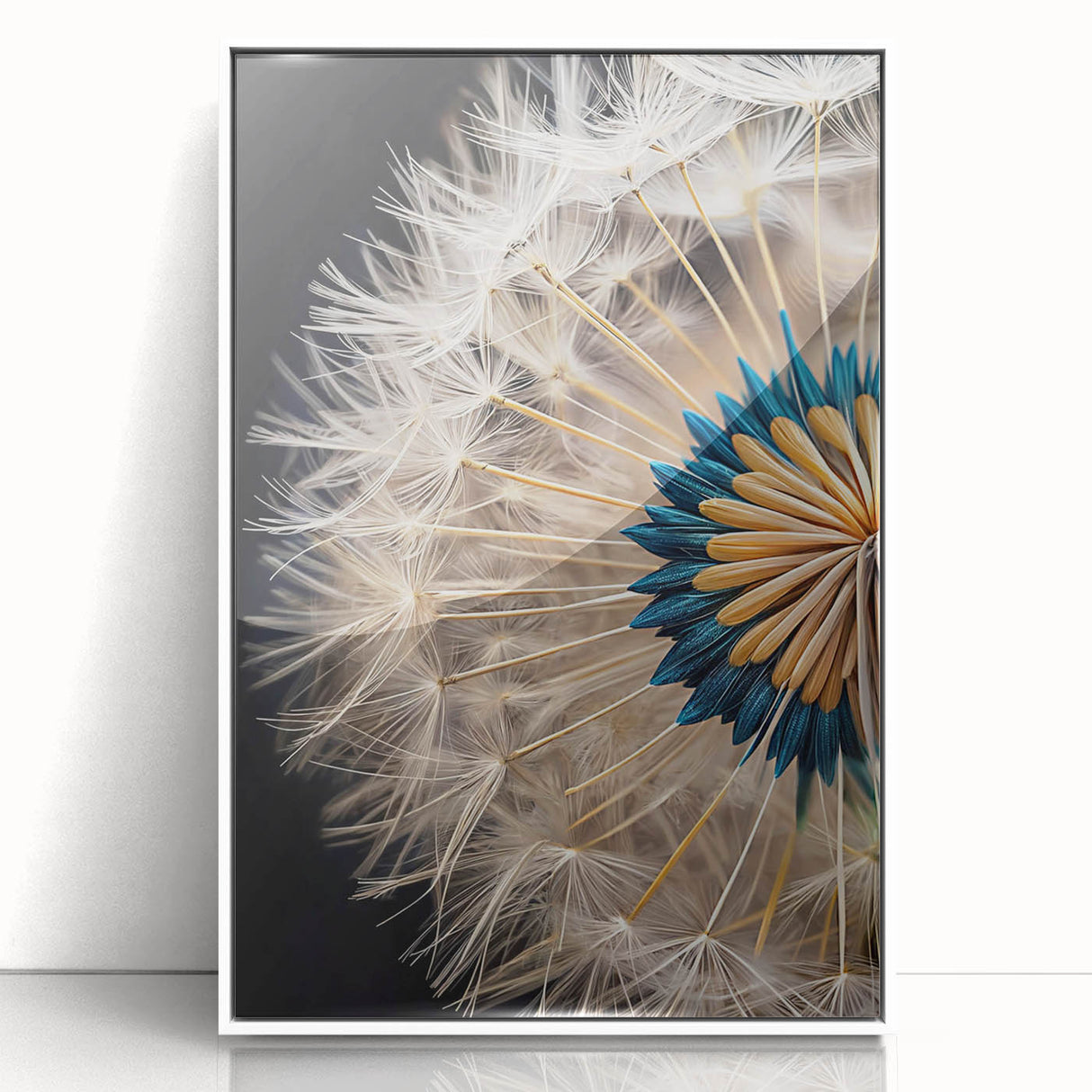 Framed acrylic wall art featuring a botanical dandelion design in white, showcasing detailed floral elements and vibrant colors, perfect for home decor.