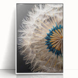 Framed acrylic wall art featuring a botanical dandelion design in white, showcasing detailed floral elements and vibrant colors, perfect for home decor.