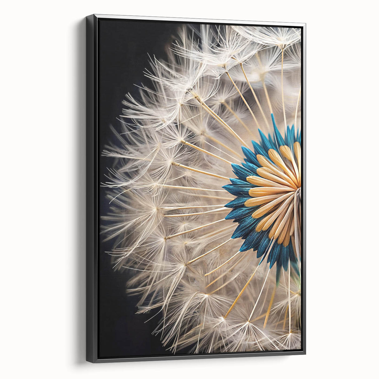 Framed wall art featuring a botanical dandelion design on textured canvas, set against a sleek black frame, ideal for modern decor and nature enthusiasts.