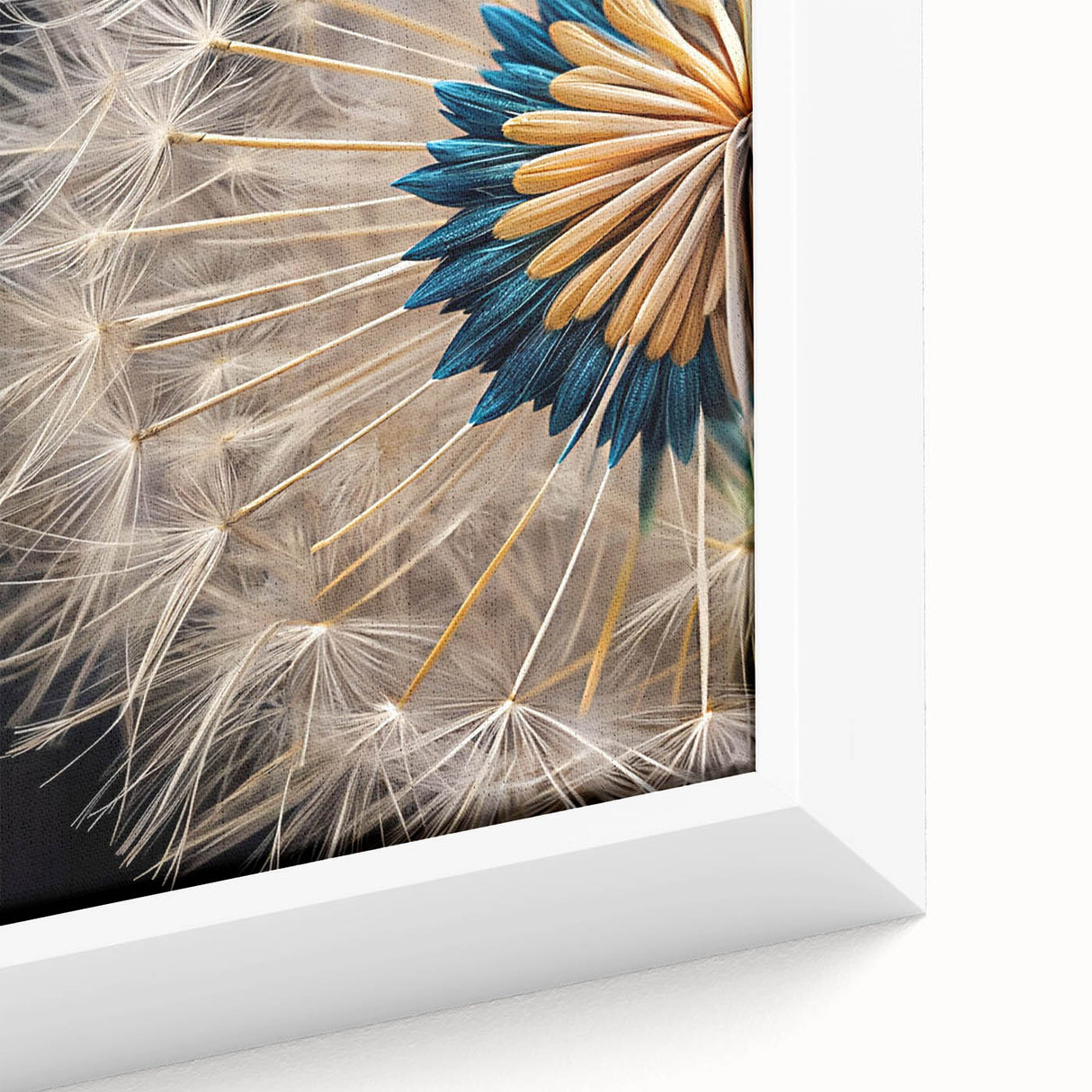 Close-up of a framed botanical dandelion wall art piece, showcasing intricate details of the flower’s texture and delicate seed heads against a soft background, perfect for home decor.