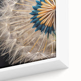 Close-up of a framed botanical dandelion wall art piece, showcasing intricate details of the flower’s texture and delicate seed heads against a soft background, perfect for home decor.