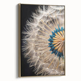 Framed botanical wall art showcasing a detailed dandelion design, featuring a gold frame and elegant canvas texture, ideal for home decor.
