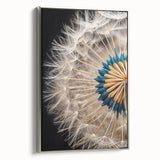 Framed botanical wall art featuring a delicate dandelion design on a silver canvas, showcasing intricate details and elegant aesthetics, perfect for home decor.