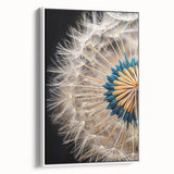 Framed canvas wall art showcasing a botanical dandelion design on a white background, highlighting intricate details and textures, perfect for home decor.