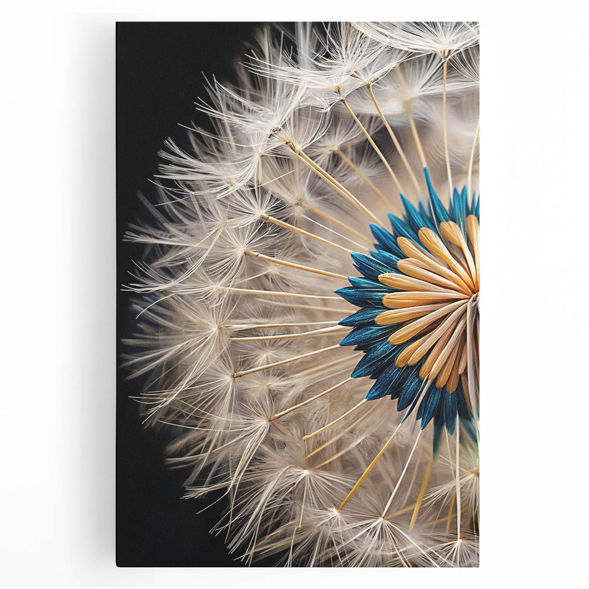 Stretched canvas wall art featuring a detailed botanical design of dandelions on a soft blue background, perfect for enhancing home decor with nature-inspired elegance.
