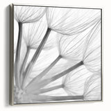 Framed botanical wall art featuring a dandelion design on canvas, elegantly displayed with a silver frame, showcasing intricate details and a modern aesthetic. Ideal for home decor.