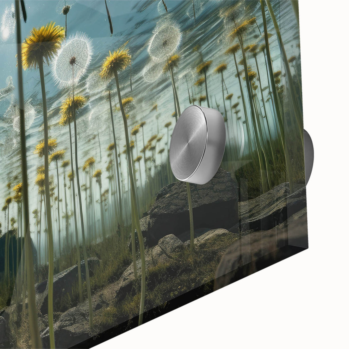Close-up of a vibrant dandelion botanical wall art piece printed on acrylic glass, showcasing intricate details of the flower's structure against a blurred background. Perfect for modern home decor and nature enthusiasts.