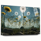 Side view of a botanical dandelion wall art piece, elegantly framed in acrylic glass, showcasing the intricate details of the floral design against a minimalist background, perfect for home decor.