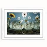 Botanical wall art featuring a delicate dandelion design in a white frame with a mat, showcasing intricate details and a modern aesthetic, perfect for home decor.