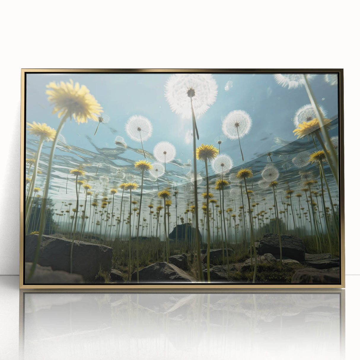 Framed wall art featuring a botanical dandelion design in vibrant colors with a sleek gold frame, perfect for home decor and nature-inspired aesthetics.