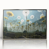 Framed botanical wall art featuring a detailed dandelion design in silver acrylic, showcasing intricate textures and a contemporary aesthetic for elegant decor.