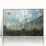 Framed wall art featuring a botanical dandelion design in a sleek white frame, showcasing delicate floral details and vibrant colors, perfect for home decor.