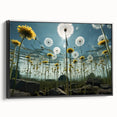 Framed wall art featuring a botanical dandelion design in black, showcasing intricate details and textures, perfect for modern home decor. Ideal for nature enthusiasts.