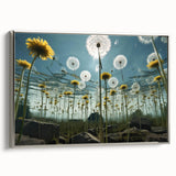 Framed wall art featuring a botanical design of a dandelion in silver, showcasing intricate details and a modern aesthetic, ideal for home decor.