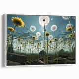 Framed botanical wall art showcasing a detailed dandelion design, featuring a white frame and a side view, perfect for home decor or nature-themed interiors.