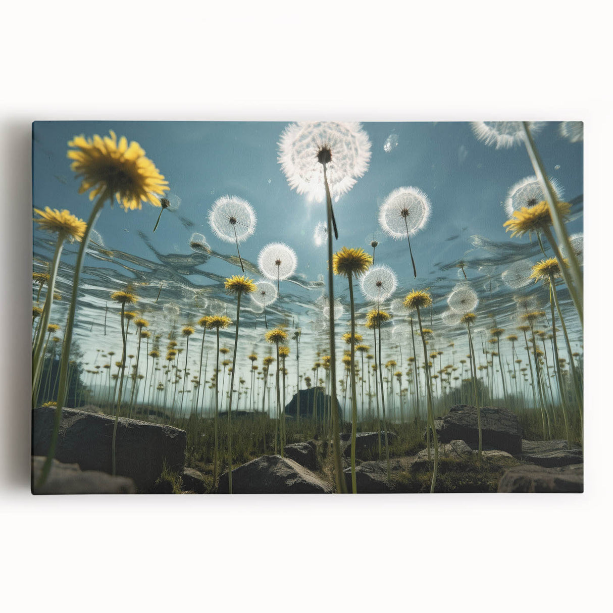 Botanical wall art featuring a vibrant dandelion design on stretched canvas, showcasing intricate details and bright colors, perfect for home decor enhancement.
