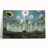 Stretched canvas wall art featuring a vibrant dandelion botanical design, showcasing intricate details in yellow and green hues, perfect for home decor.