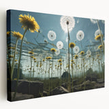 Stretched canvas wall art featuring a detailed botanical dandelion design, showcasing intricate textures and soft colors, perfect for home decor enhancement.