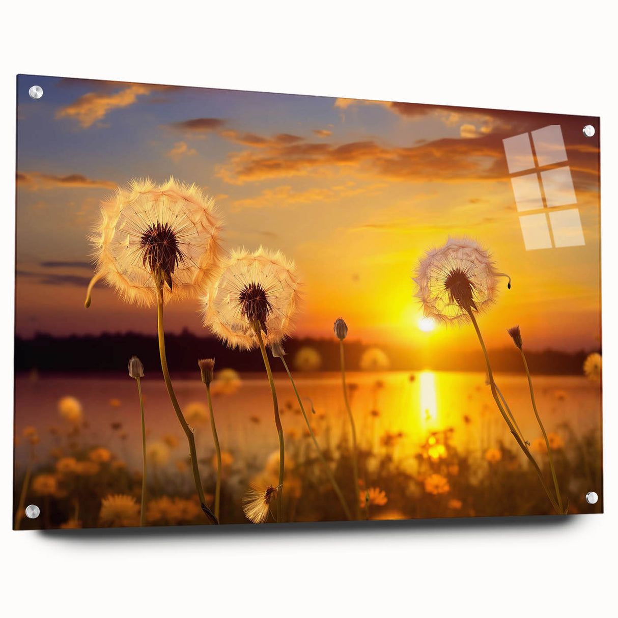 Acrylic wall art featuring a botanical dandelion design, elegantly displayed with pins against a neutral backdrop, perfect for adding a touch of nature to home decor.