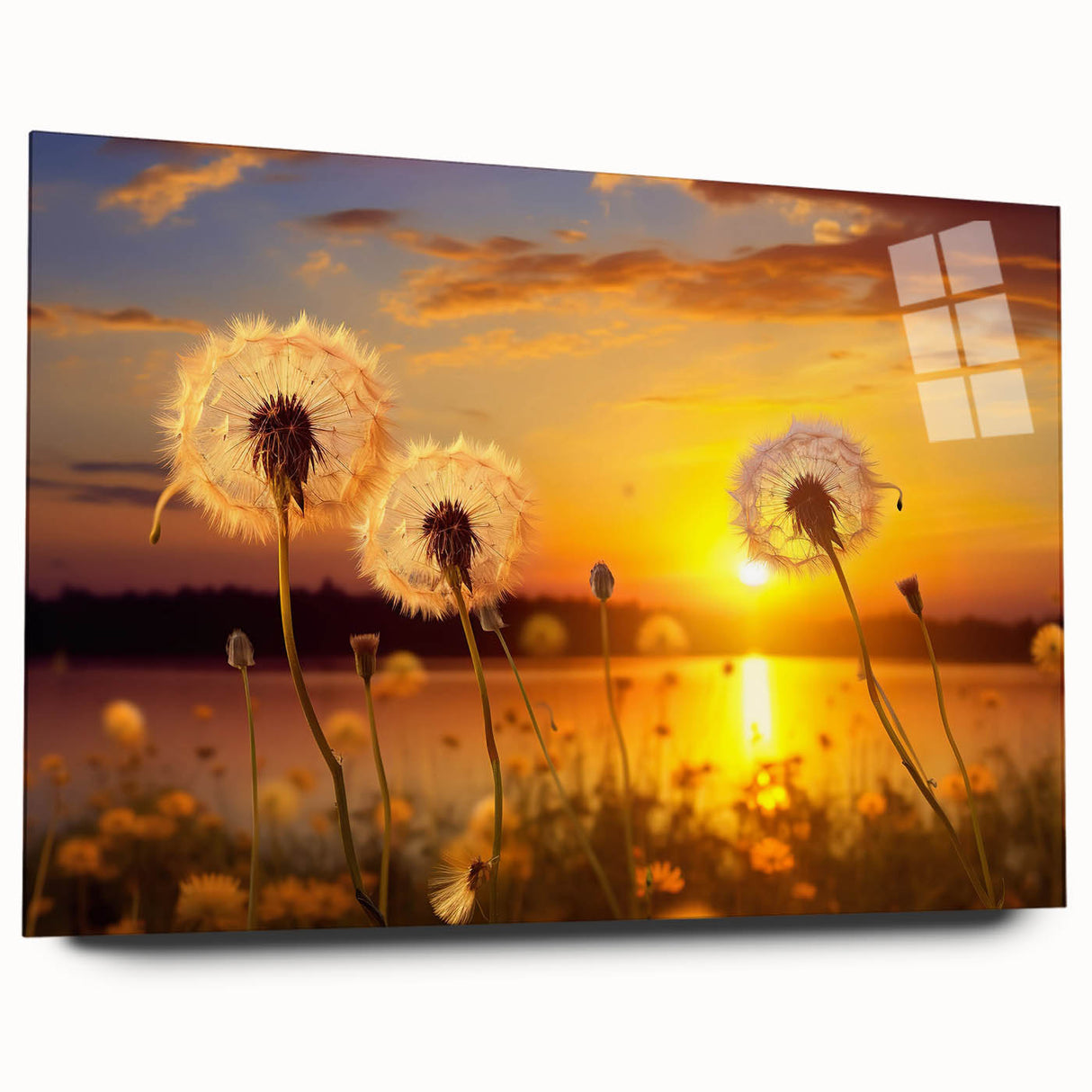 Acrylic glass wall art featuring a delicate botanical dandelion design, showcasing intricate details and vibrant colors, ideal for home decor and nature enthusiasts.
