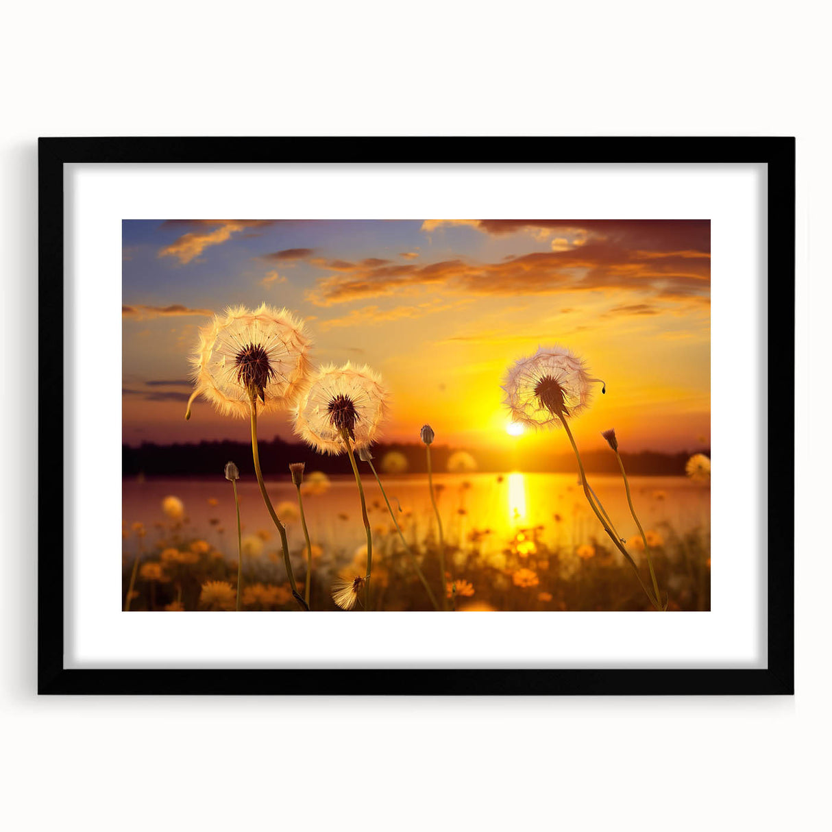 Framed botanical wall art featuring a delicate dandelion design in black, elegantly displayed with a mat, adding a touch of nature-inspired decor to any space.