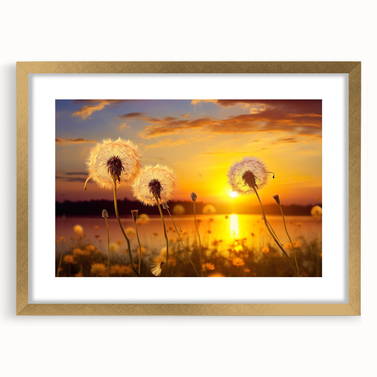 Botanical wall art collection featuring a delicate dandelion design in a gold frame with a mat, ideal for enhancing modern home decor. Perfect for nature lovers.