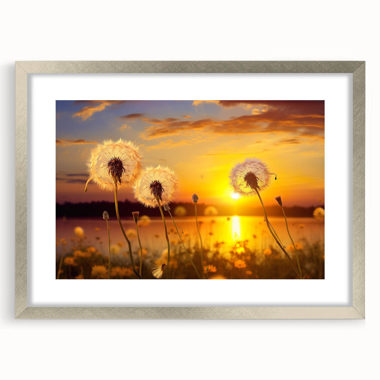 Botanical wall art collection featuring a silver-framed dandelion design with a mat, showcasing intricate floral details and a contemporary aesthetic, perfect for home decor.