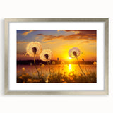 Botanical wall art collection featuring a silver-framed dandelion design with a mat, showcasing intricate floral details and a contemporary aesthetic, perfect for home decor.