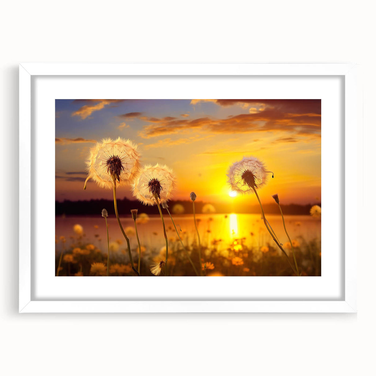 Botanical wall art featuring a detailed dandelion design in a white frame with a mat, ideal for home decor and nature-themed interiors, showcasing delicate flower details.