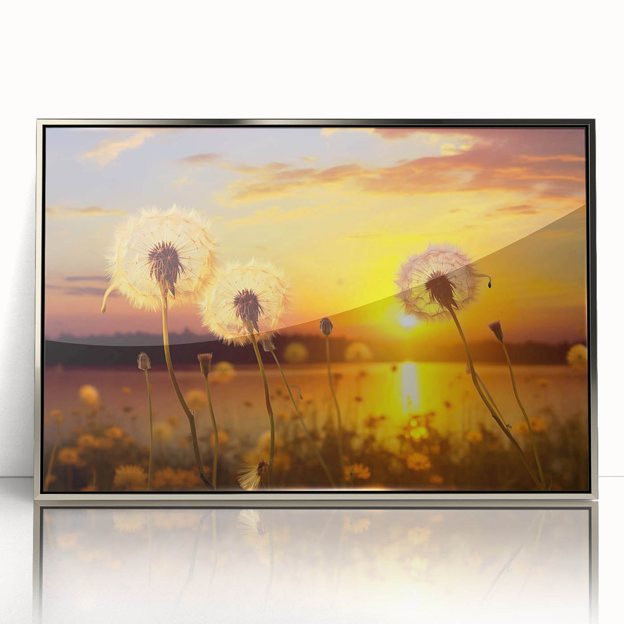 Framed botanical wall art featuring a detailed silver-accented dandelion design on acrylic, ideal for home decor, showcasing nature's elegance and modern aesthetics.