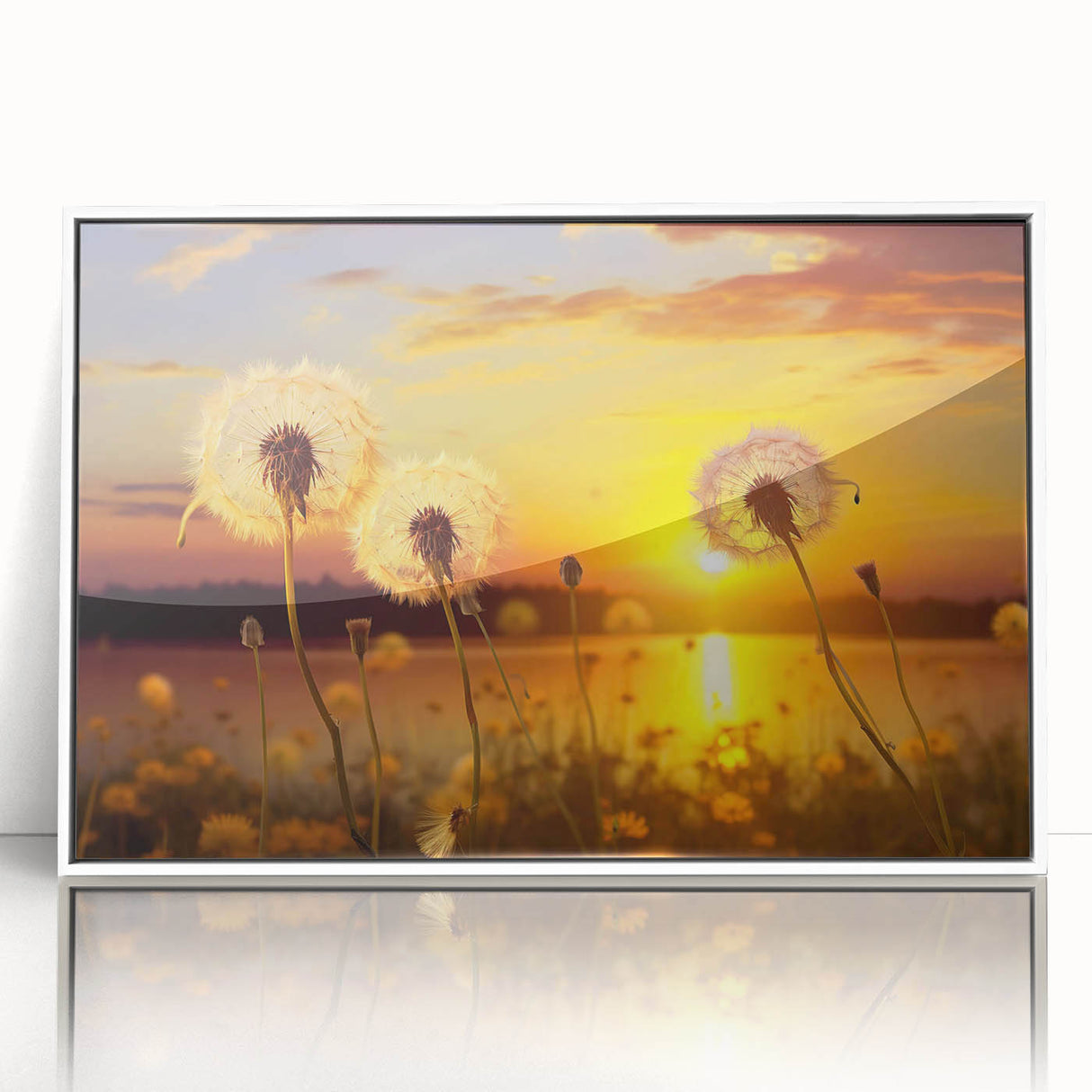 Framed botanical wall art showcasing a delicate dandelion design in white acrylic, perfect for home decor. Ideal for nature lovers and minimalist interiors.