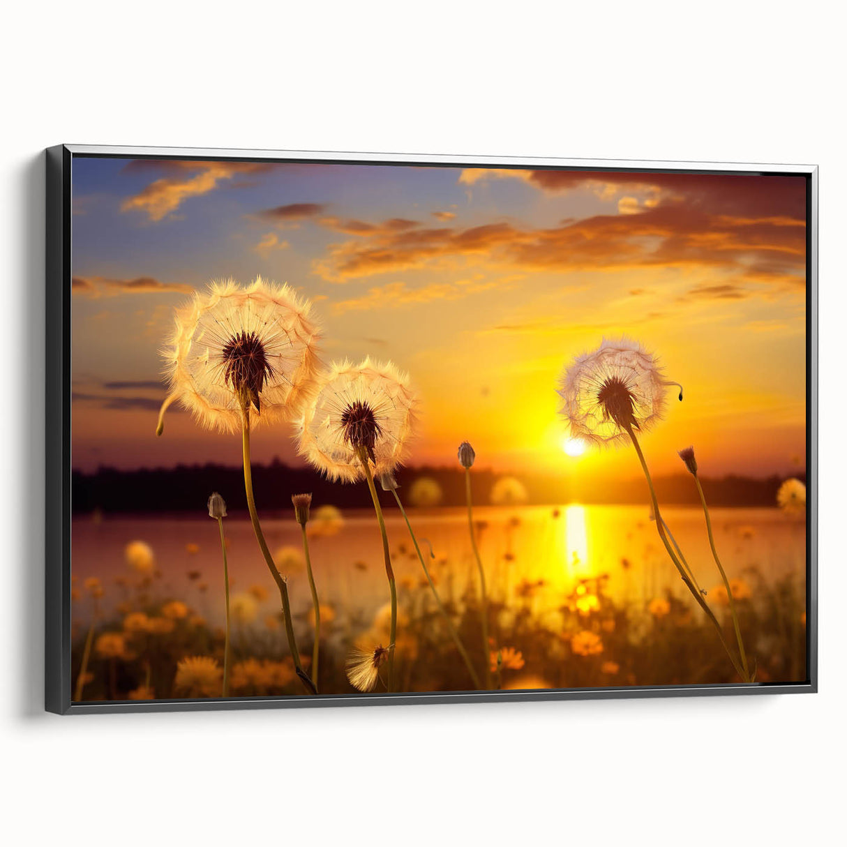 Framed canvas wall art showcasing a botanical dandelion design in black, emphasizing intricate details and elegant style, perfect for home decor enhancement.