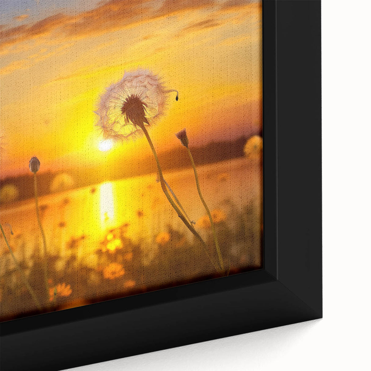 Close-up view of a framed botanical dandelion wall art piece, showcasing intricate details of the dandelion design against a soft background, perfect for home decor.