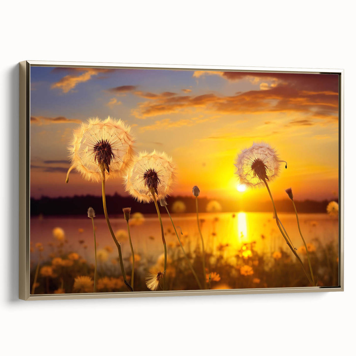 Framed canvas wall art featuring a botanical design of dandelions in gold tones, elegantly displayed from a side view, perfect for home decor enhancement.