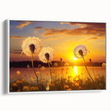 Framed canvas wall art showcasing a beautiful botanical dandelion design with intricate details, featuring a white frame, perfect for adding elegance to home decor.