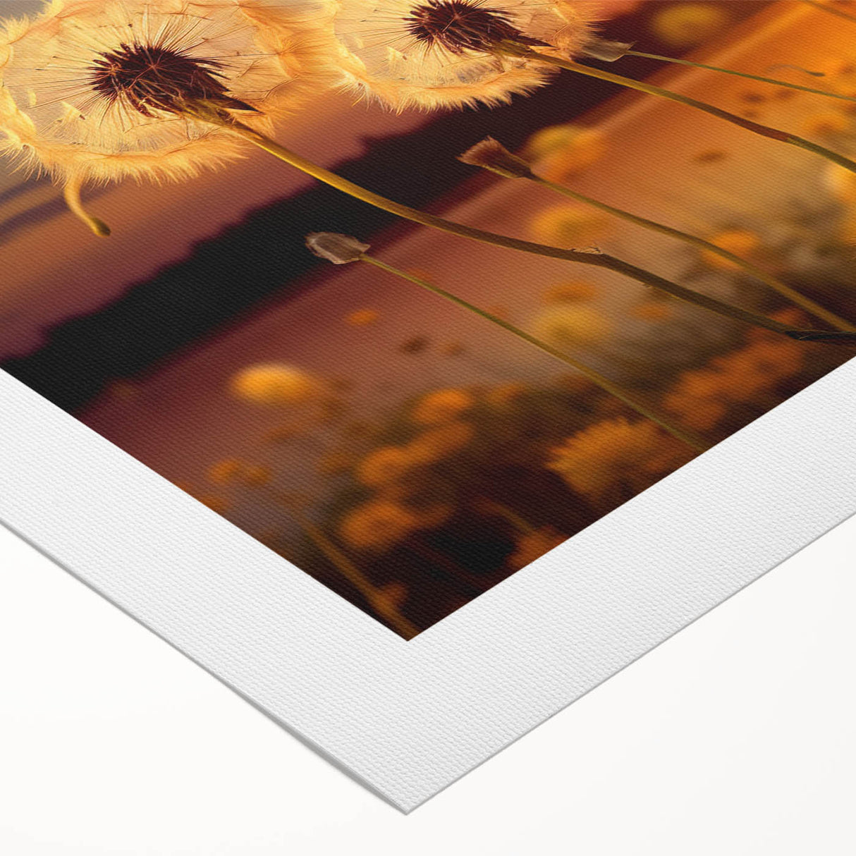 Rolled canvas artwork showcasing a detailed botanical design of dandelions, featuring soft pastel colors on a textured surface, perfect for nature-inspired decor.